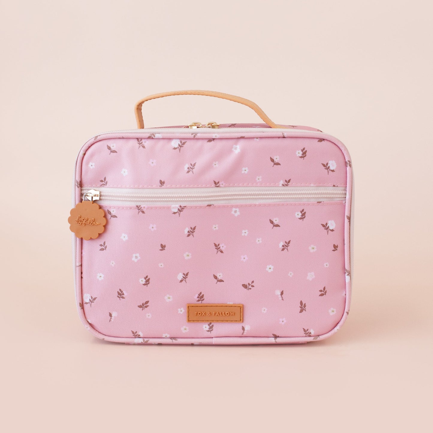 Behind The Trees - Pink floral-patterned lunch bag with a handle on a light pink background - Fox & Fallow - Mini Lunch Bag - Dusty Roses