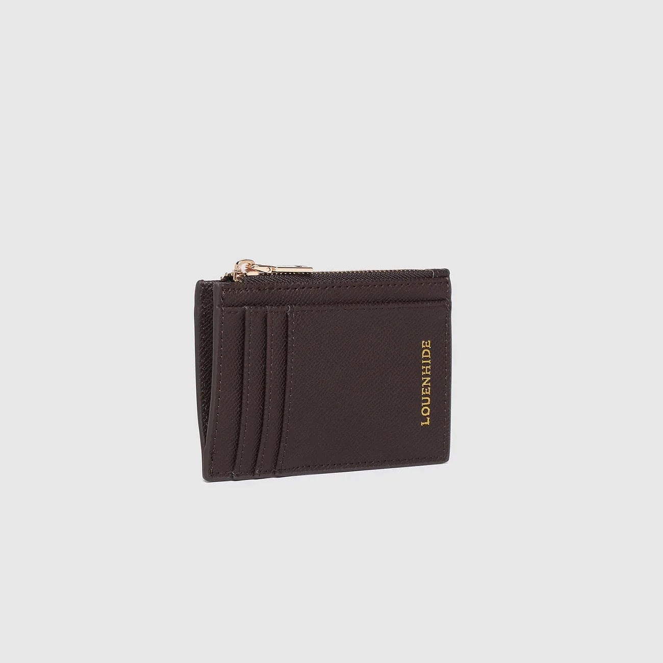 Behind The Trees - Black leather wallet with gold zipper and 'LORENWIL' branding on a light gray background - v
