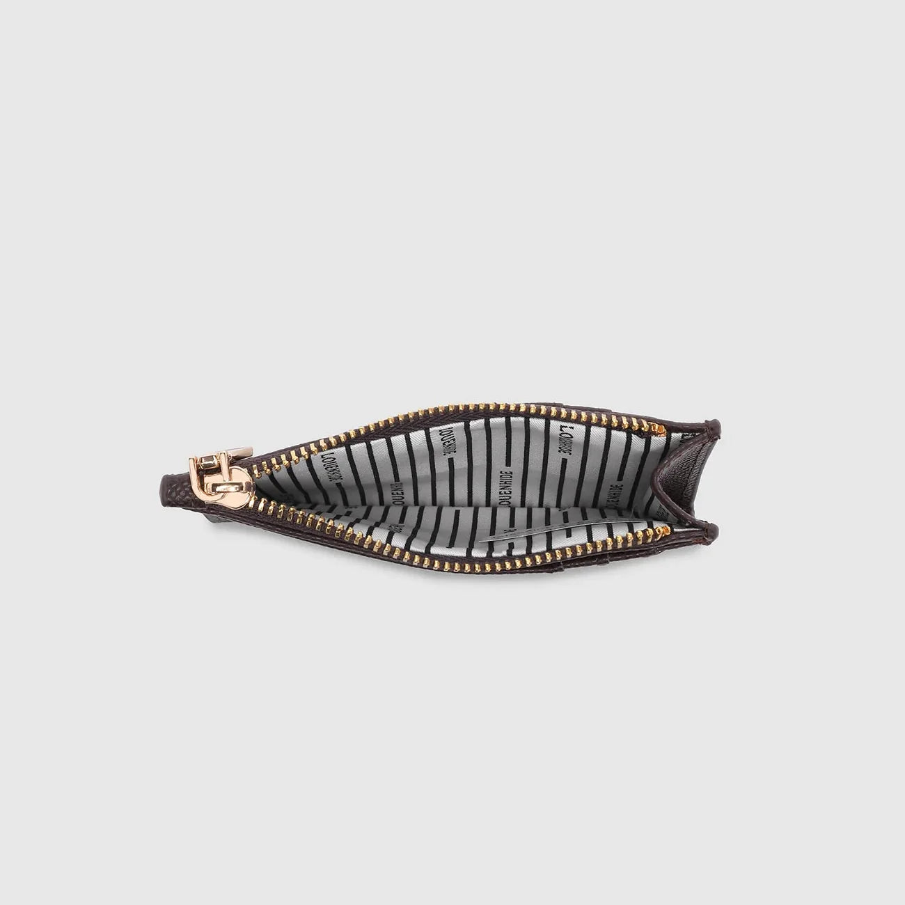 Behind The Trees - Black leather wallet with gold zipper and 'LORENWIL' branding on a light gray background - v