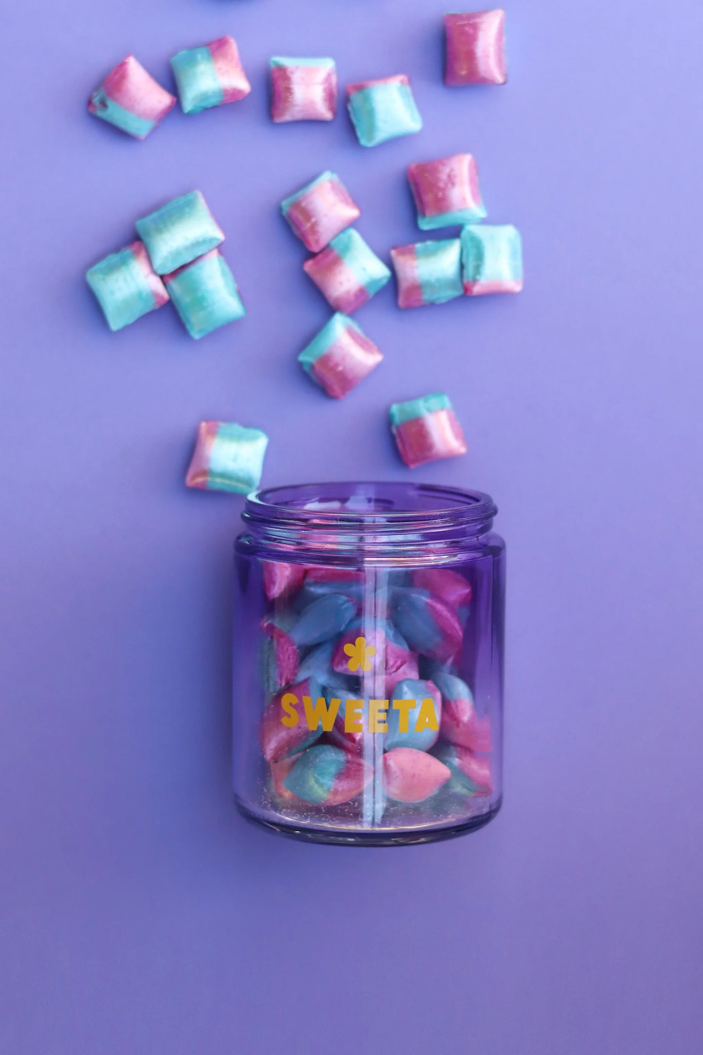 Behind The Trees - Jar of colorful candies labeled 'SWEETA' on a light surface - Sweeta - Lemonade Sherbies 180gv