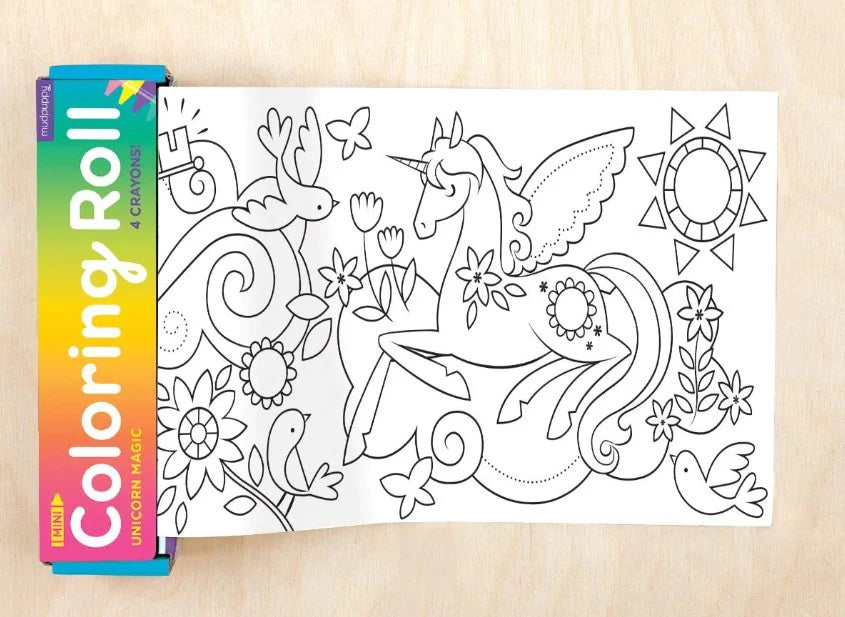 Behind The Trees - Coloring roll packaging with colorful design on a white background - Mudpuppy - Colouring Roll - Unicorn Magic
