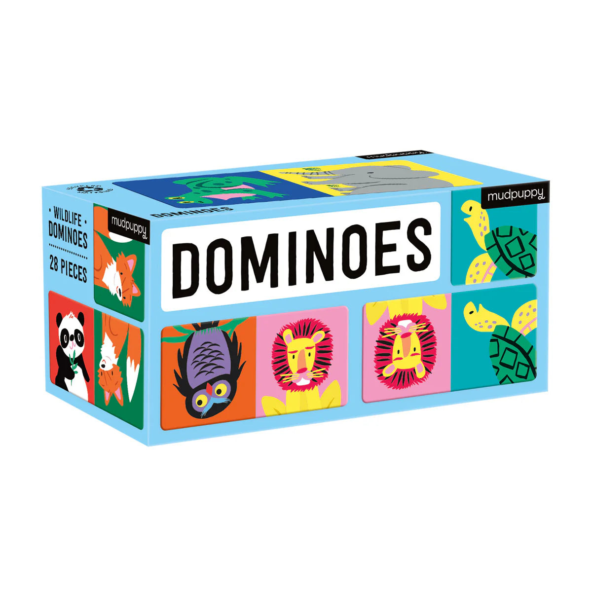 Behind The Trees - Box of Mudpuppy wildlife dominoes with colorful animal illustrations on a white background - Mudpuppy Dominoes - Wildlife