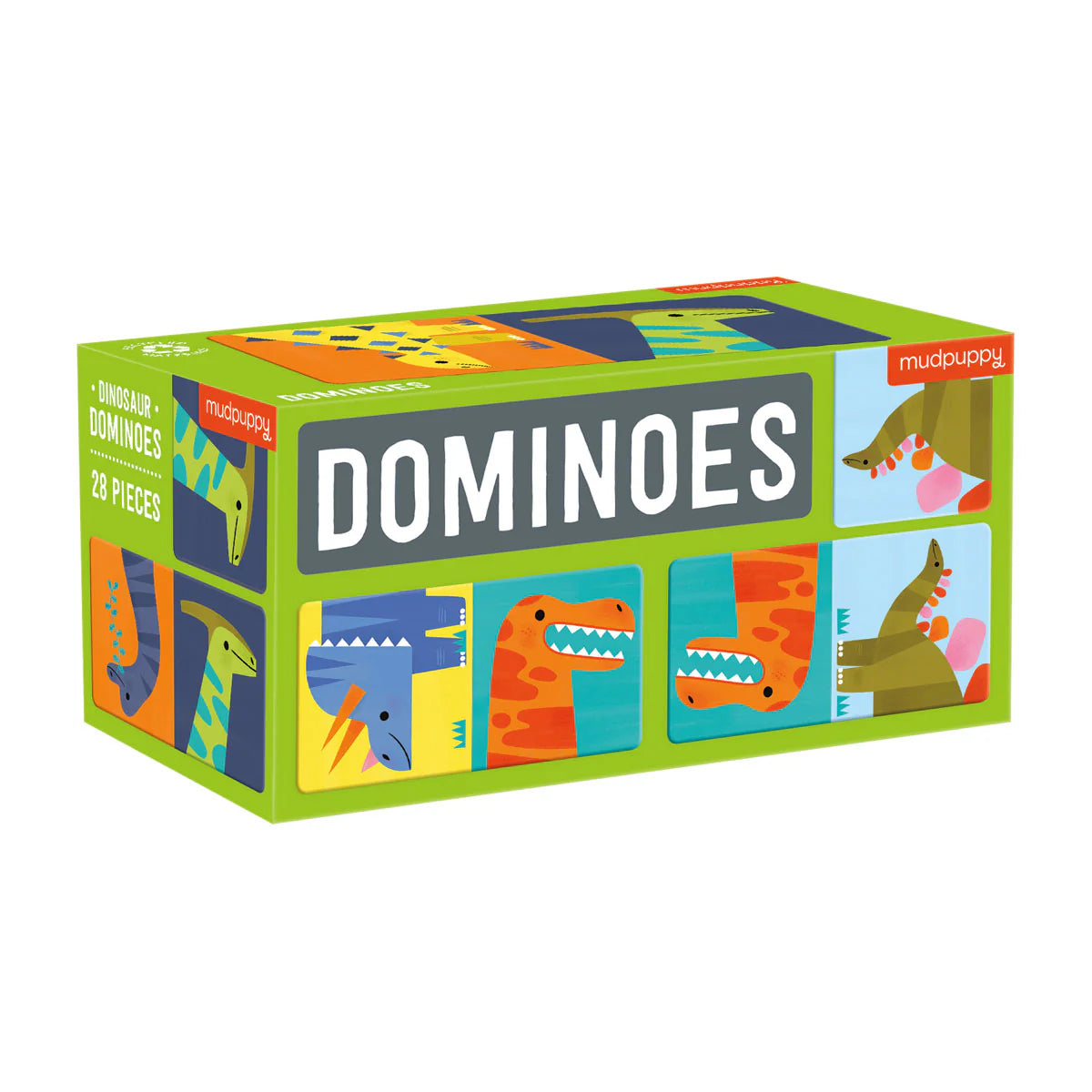 Behind The Trees - Dominoes game set with dinosaur illustrations on a green box - Mudpuppy Dominoes - Dinosaurs