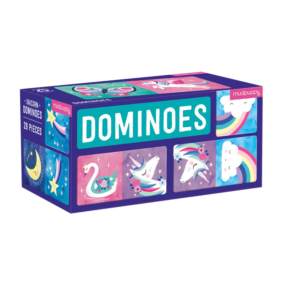 Behind The Trees - Box of unicorn-themed dominoes game with colorful illustrations on a white background - Mudpuppy Dominoes - Unicorns