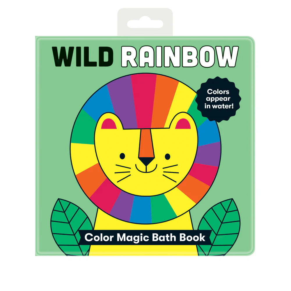 Behind The Trees - Colorful packaging of a bath book titled 'Wild Rainbow' with a cartoon lion design. Mudpuppy - Magic Bath Book - Wild Rainbow 