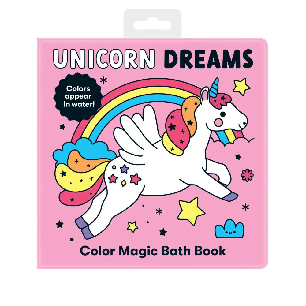 Behind The Trees - Color magic bath book packaging with a unicorn and rainbow design on a pink background - Mudpuppy - Magic Bath Book - Unicorn