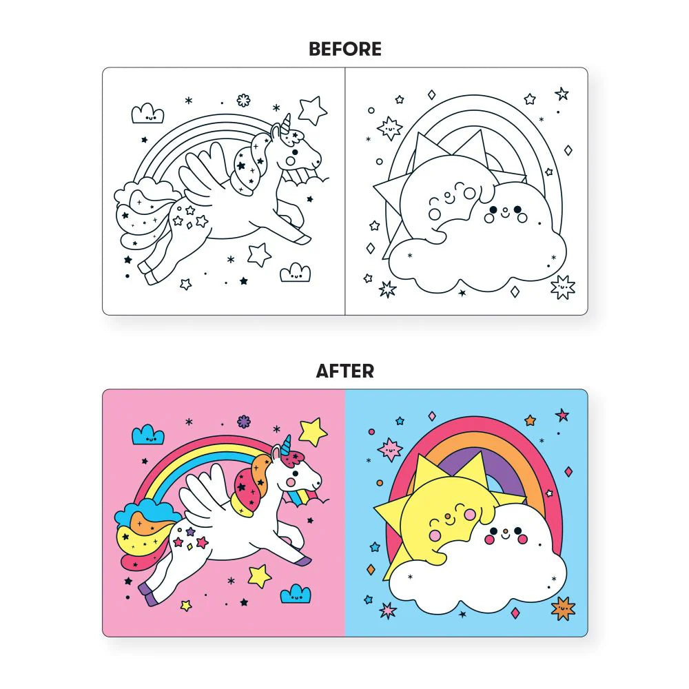 Behind The Trees - Color magic bath book packaging with a unicorn and rainbow design on a pink background - Mudpuppy - Magic Bath Book - Unicorn
