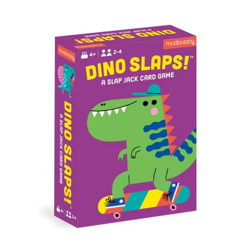 Behind The Trees - Card game box titled 'Dino Slaps!' with a colorful dinosaur illustration on a purple background- Mudpuppy Playing Cards - Dino Slaps