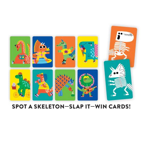 Behind The Trees - Card game box titled 'Dino Slaps!' with a colorful dinosaur illustration on a purple background- Mudpuppy Playing Cards - Dino Slaps