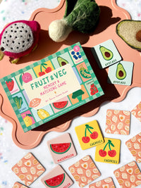 Behind The Trees - Fruit and Veg memory game with cards and toys on a colorful background - Lauren Sissons Studio - Fruit and Veg Memory & Matching Game