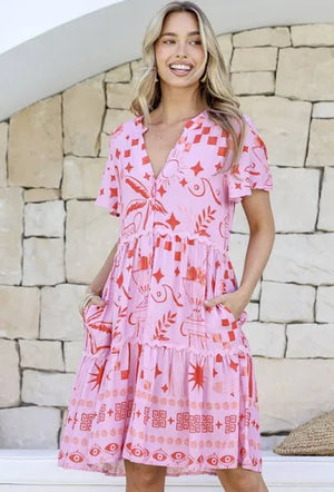 Behind The Trees - Miss Marlow - Noosa Palm Ric Rac Dress - Pink/Red - summer dress - bright and colourful spring/summer dress - cotton above knee dress under $80