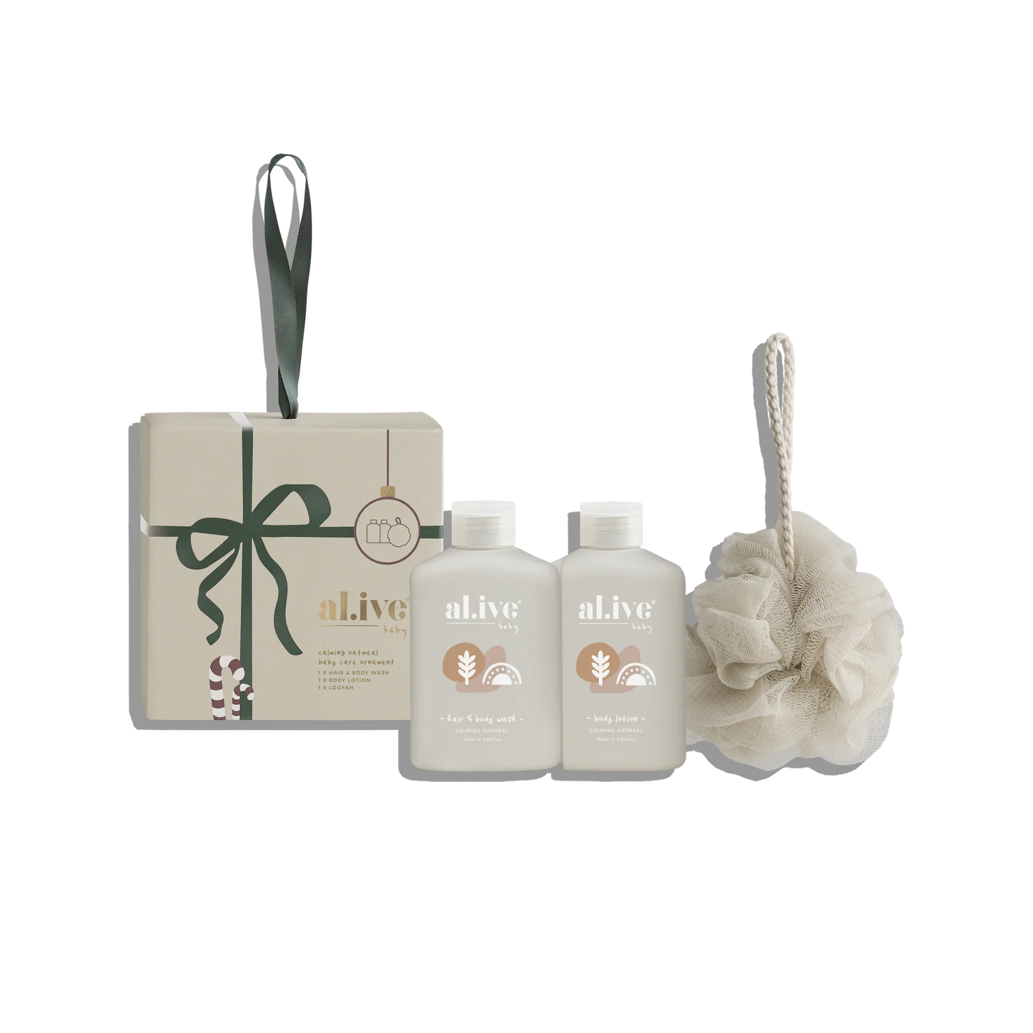 Behind The Trees - Set of 'alive' skincare products including bottles and a bath pouf on a white background - Al. Ive - Baby Care Ornament - Calming Oatmeal