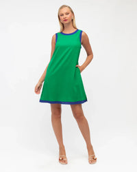 Behind The Trees - Woman wearing a green dress with blue trim on a white background - Paper Heart - Short Shift Dress - Green