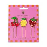 Behind The Trees - Set of three paperclips with cherry, lemon, and strawberry designs on a pink and orange striped card by Designworks Ink. - Designworks - Set of 3 Paperclips - Fruit