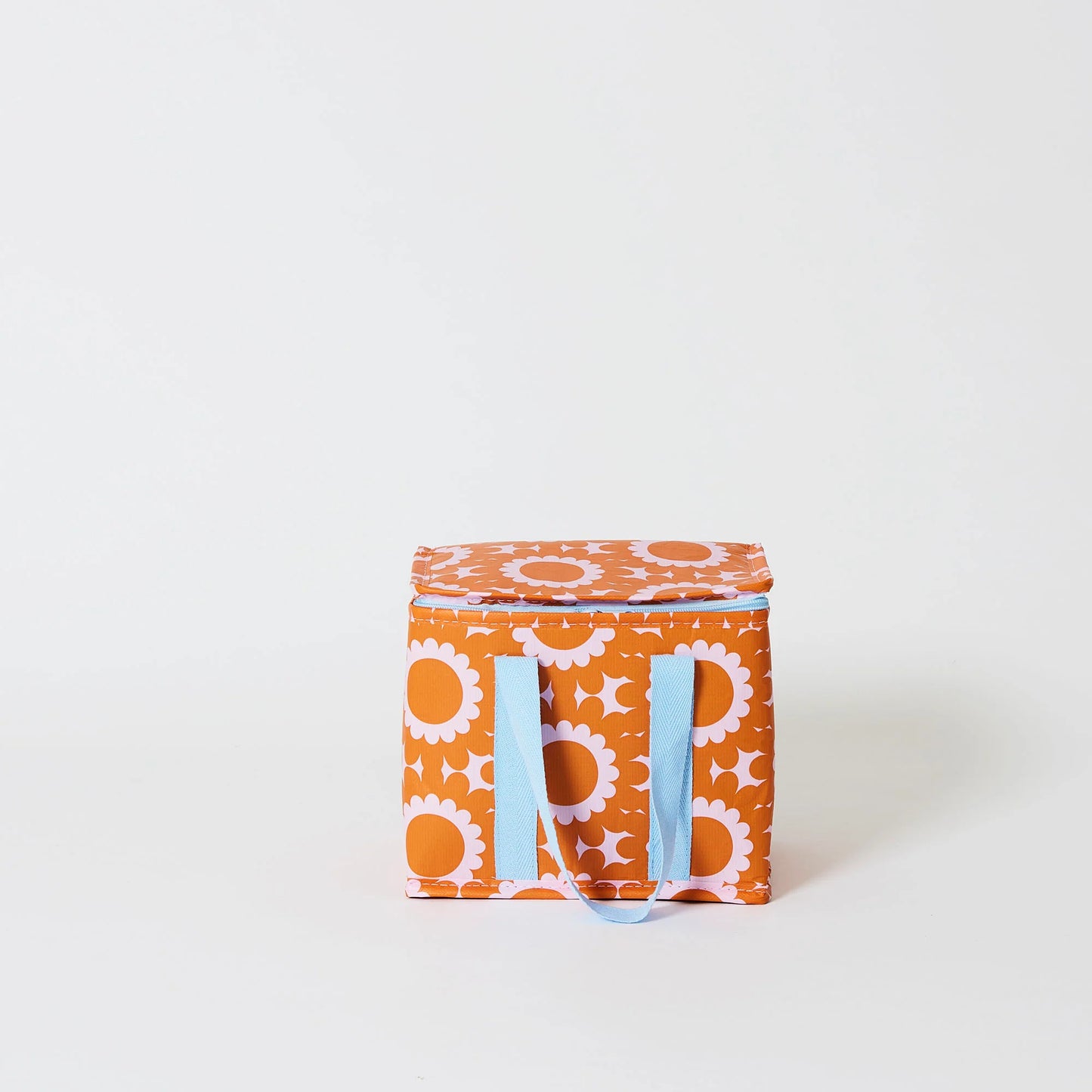 Behind The Trees - Orange storage box with floral pattern and blue handles on a white background - Project Ten - Mini Insulated Tote - Geo Floral