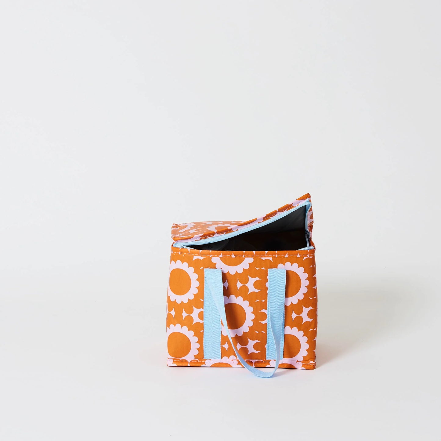 Behind The Trees - Orange storage box with floral pattern and blue handles on a white background - Project Ten - Mini Insulated Tote - Geo Floral