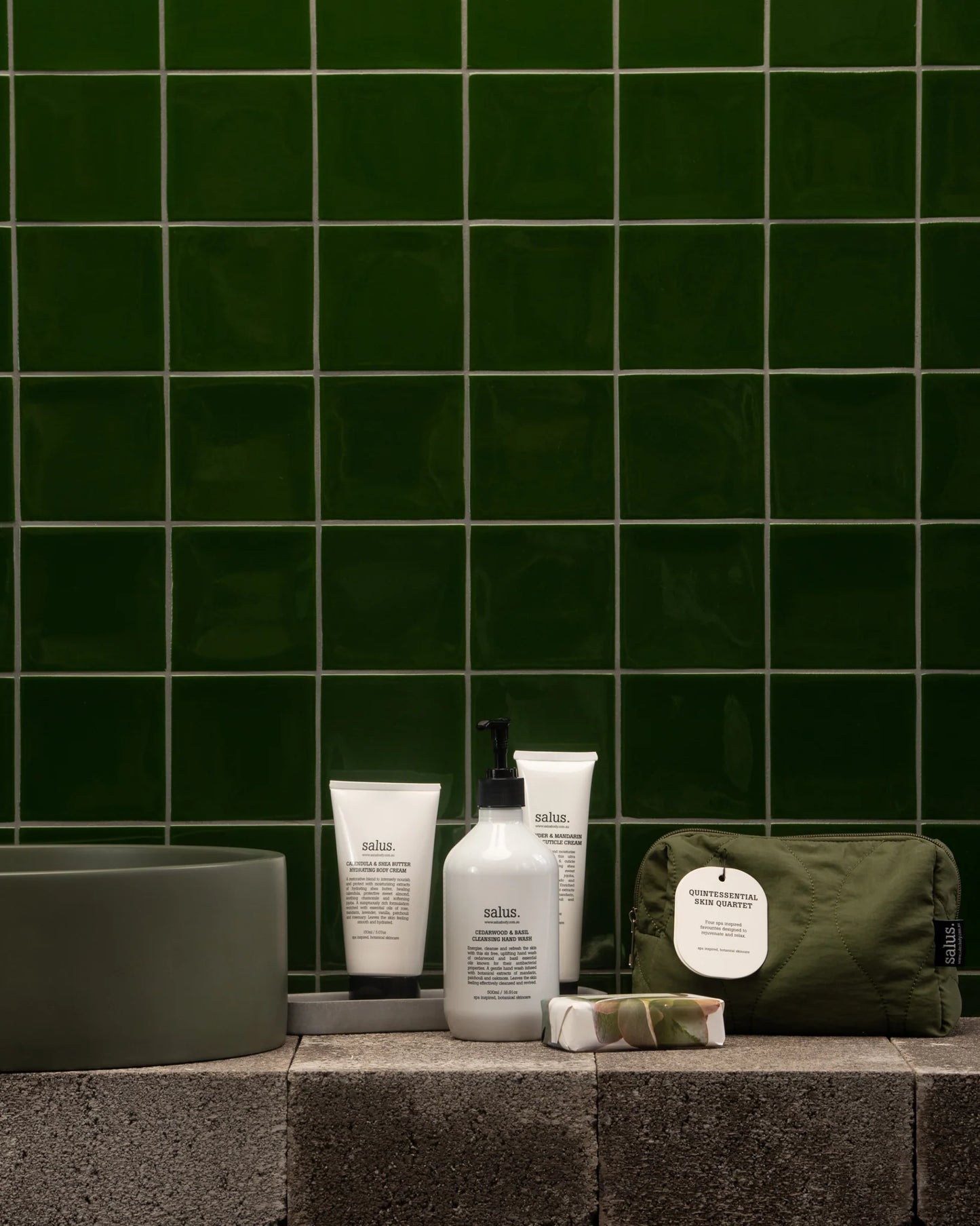 Behind The Trees - Cosmetic bag and skincare products on a white background - Salus - Set - Quintessential Skin Quartet