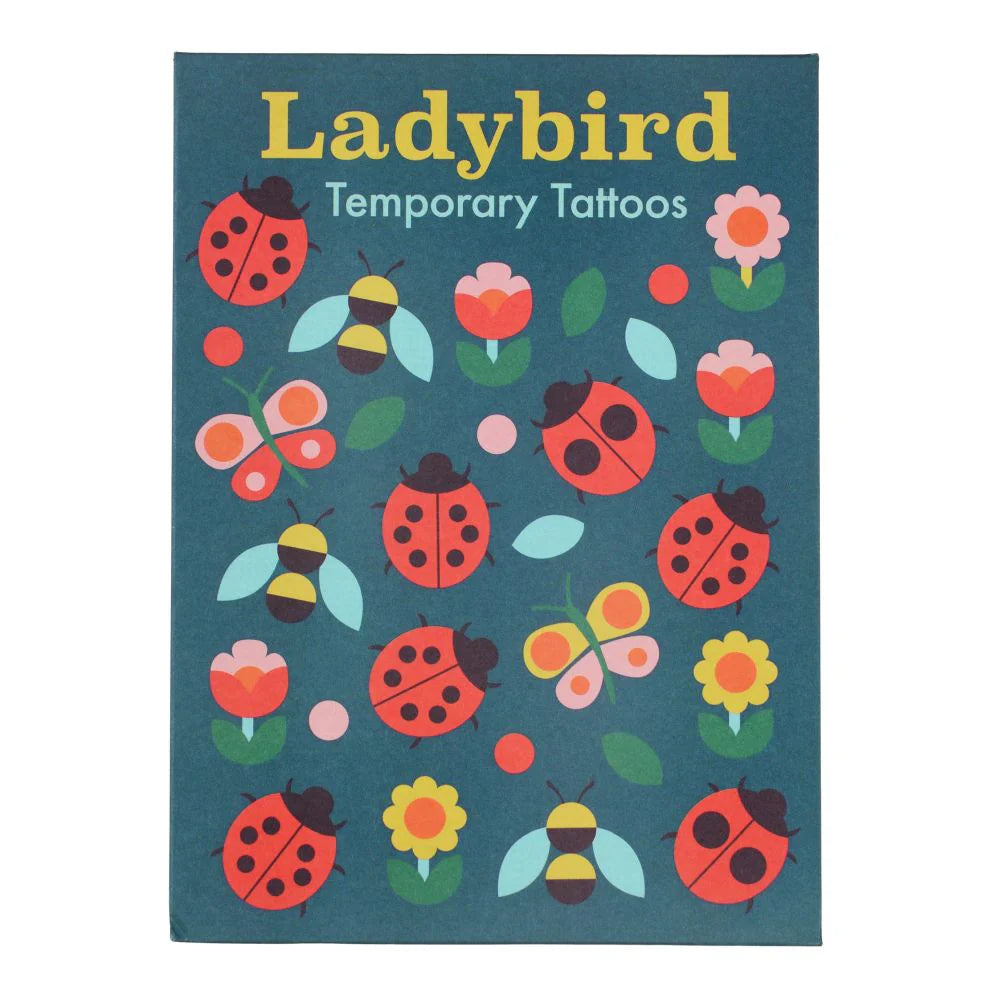 Behind The Trees - Pack of Ladybird temporary tattoos with ladybugs, bees, and flowers on a blue background. - Rex London Temporary Tattoos – Ladybird