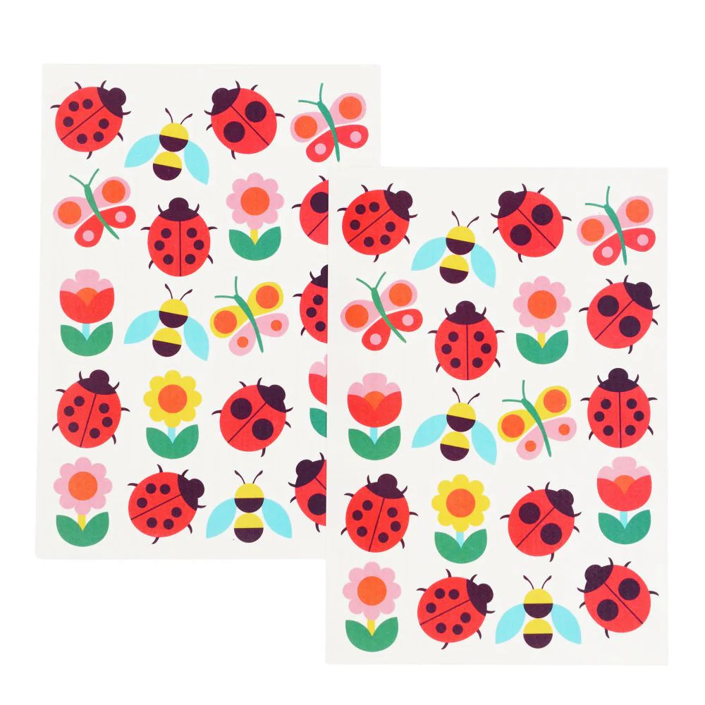 Behind The Trees - Pack of Ladybird temporary tattoos with ladybugs, bees, and flowers on a blue background. - Rex London Temporary Tattoos – Ladybird