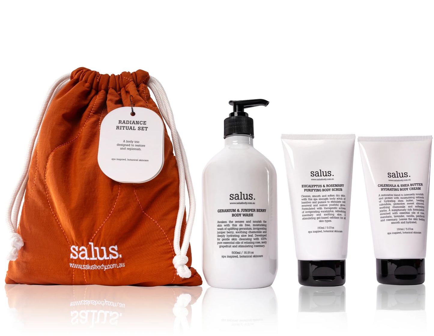 Behind The Trees - Salus skincare product set with drawstring bag on a white background - Salus - Set - Radiance Ritual Set