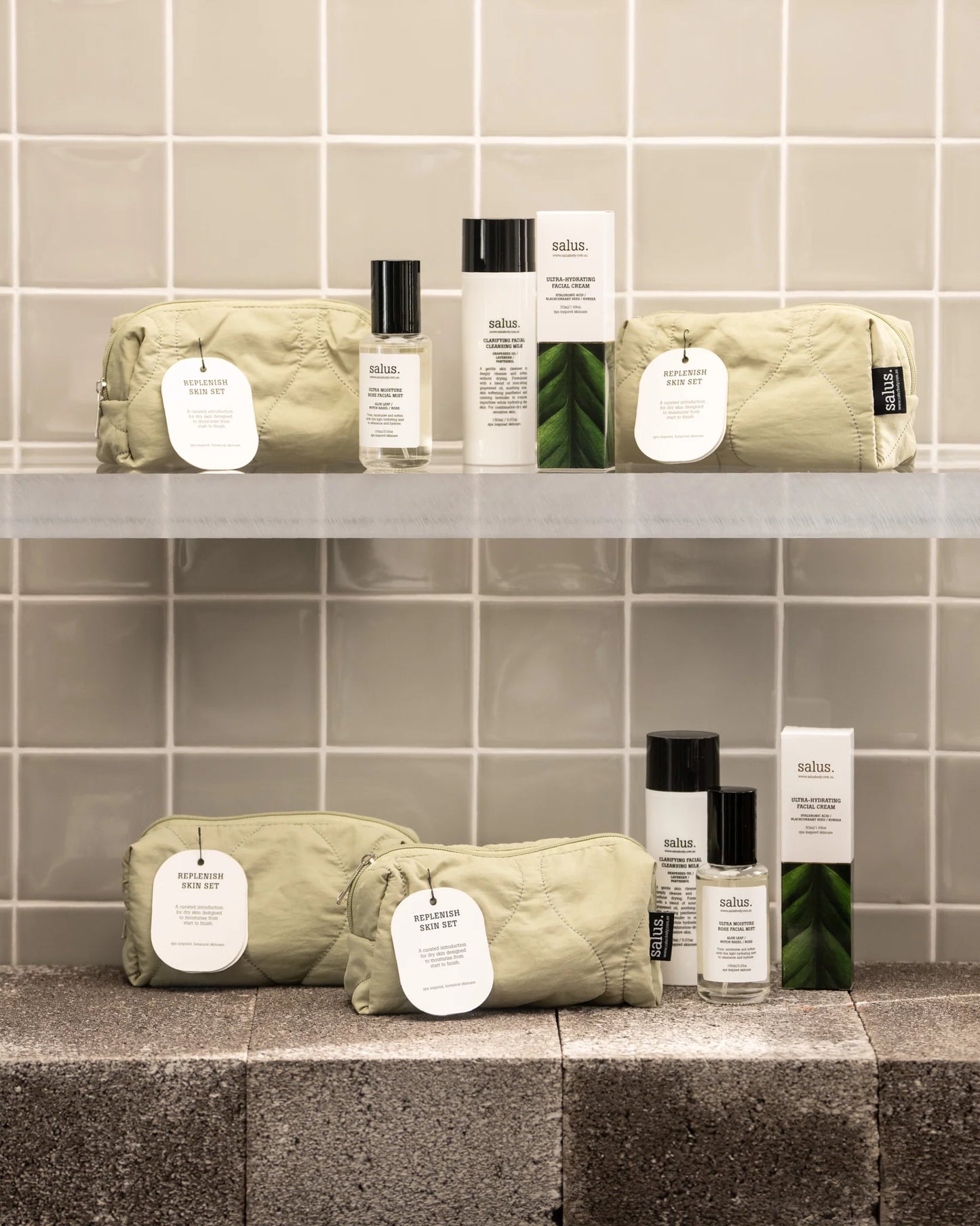 Behind The Trees - Salus skincare products including a pouch, box, and bottles on a white background - Salus - Set - Replenish Skin Set