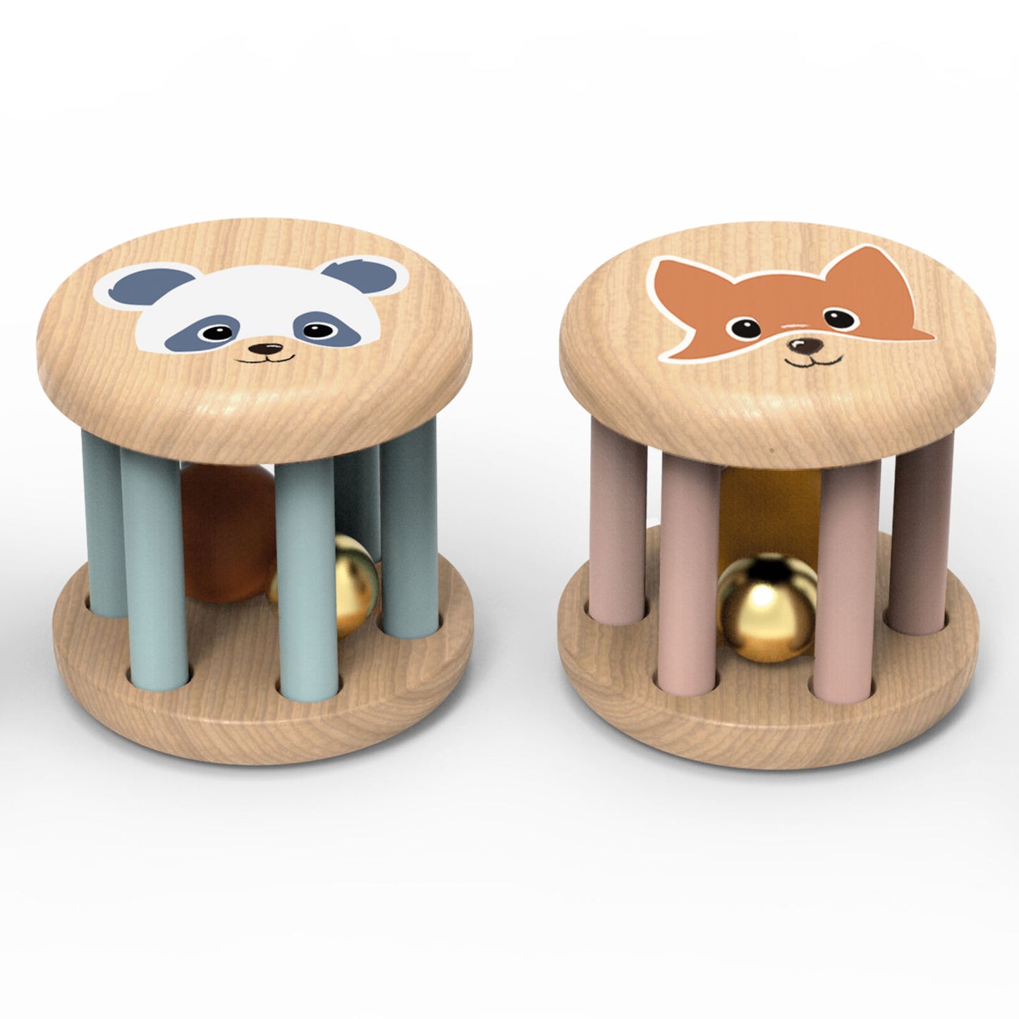 Behind The Trees - Set of four wooden baby toys with animal designs on a white background - Tiger Tribe - Roller Rattles - Assorted Colours