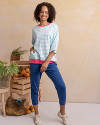 Elm - Mazie Stripe Ringer Sweat - Tonic Blue & White Stripe with Pink Trim