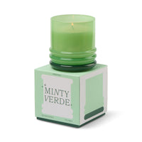 Behind The Trees - Green candle in a decorative box labeled 'Minty Verde' on a white background - Designworks - Stacked 7oz Glass w/ Dark Green Lid and Bright Green Base - Minty Verde