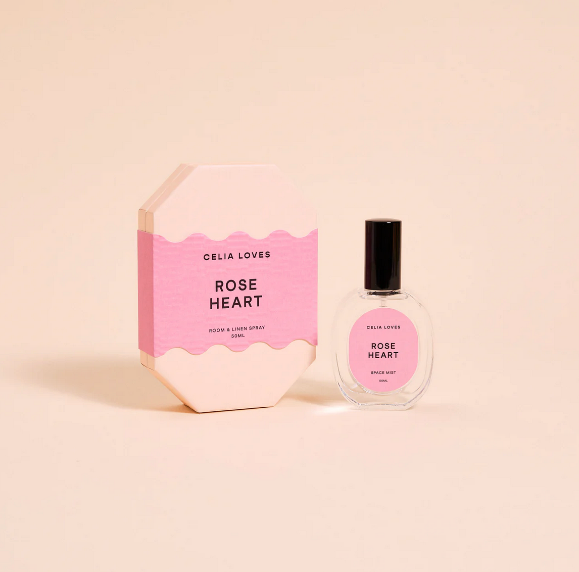 Behind The Trees - Oelia Loves Rose Heart room & linen spray with packaging on a beige background - Celia Loves - Room Spray 50ml - Rose Hart