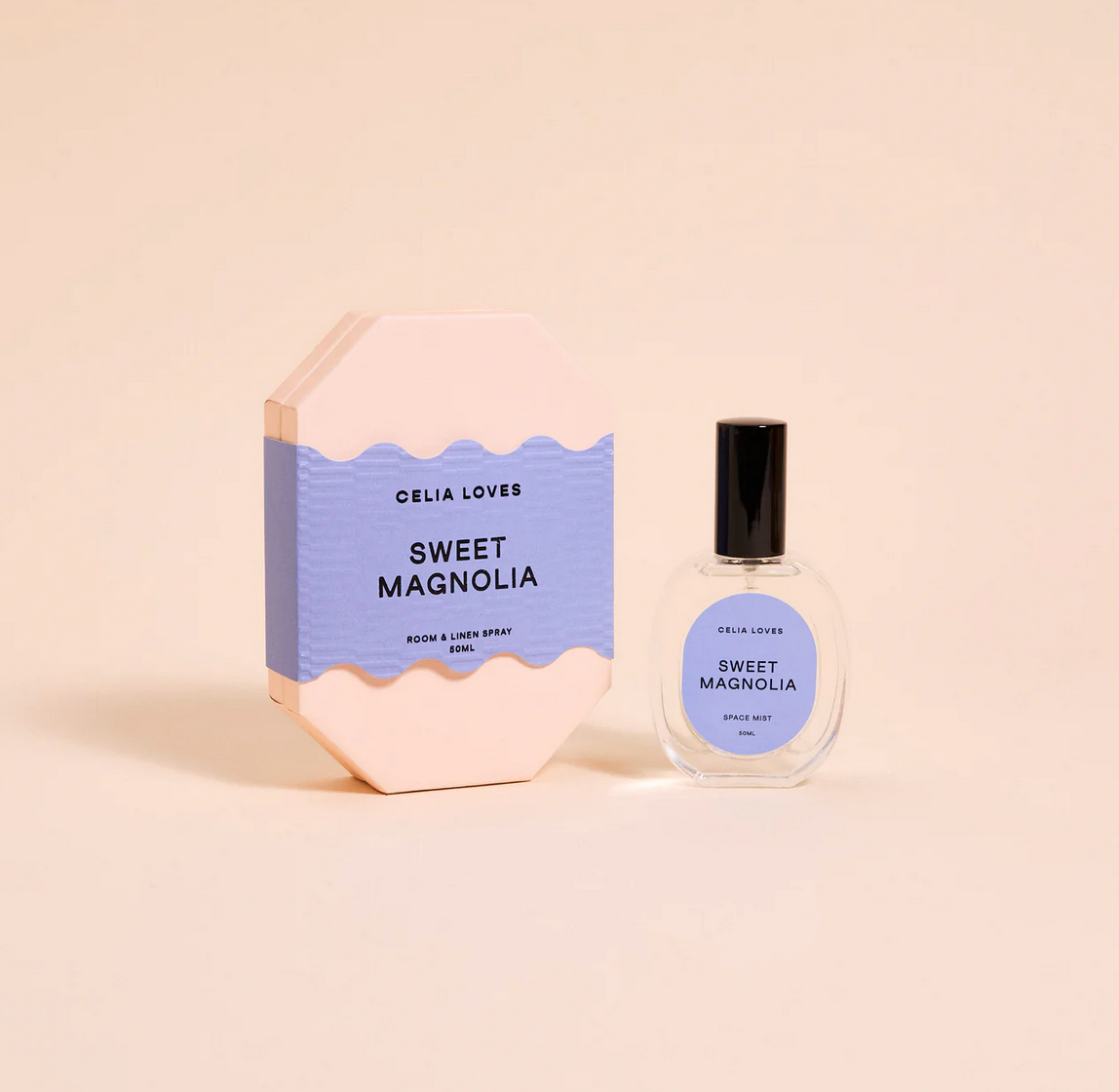 Behind The Trees - Celia Loves Sweet Magnolia room and linen spray with packaging on a beige background - Celia Loves - Room Spray 50ml - Green Moss & Vanilla
