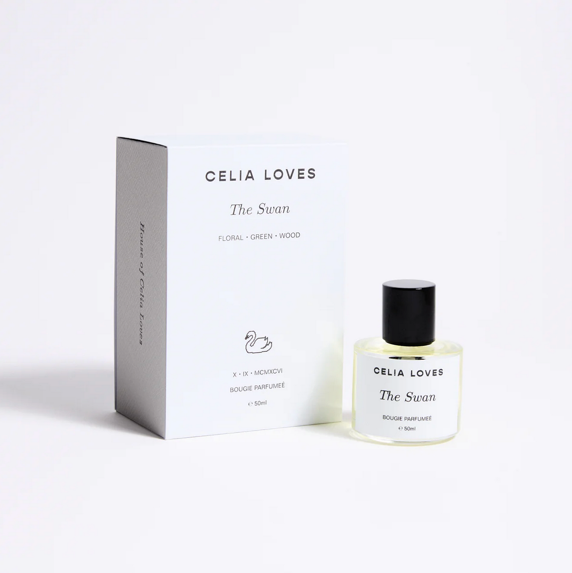 Behind The Trees - Celia Loves 'The Swan' perfume bottle and packaging on a white background - Eau de Parfum Opulence 50ml - The Swan