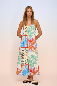 Behind The Trees - Woman wearing a colorful patterned dress on a white background - Little Lies - Solace Midi Dress