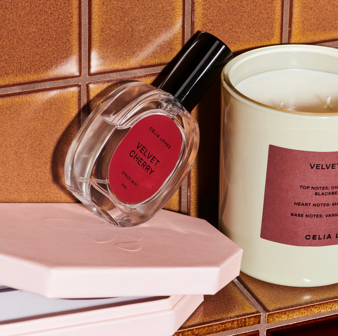 Behind The Trees - Perfume bottle and packaging with 'Velvet Cherry' on a beige background - Celia Loves - Room Spray 50ml - Velvet Cherry