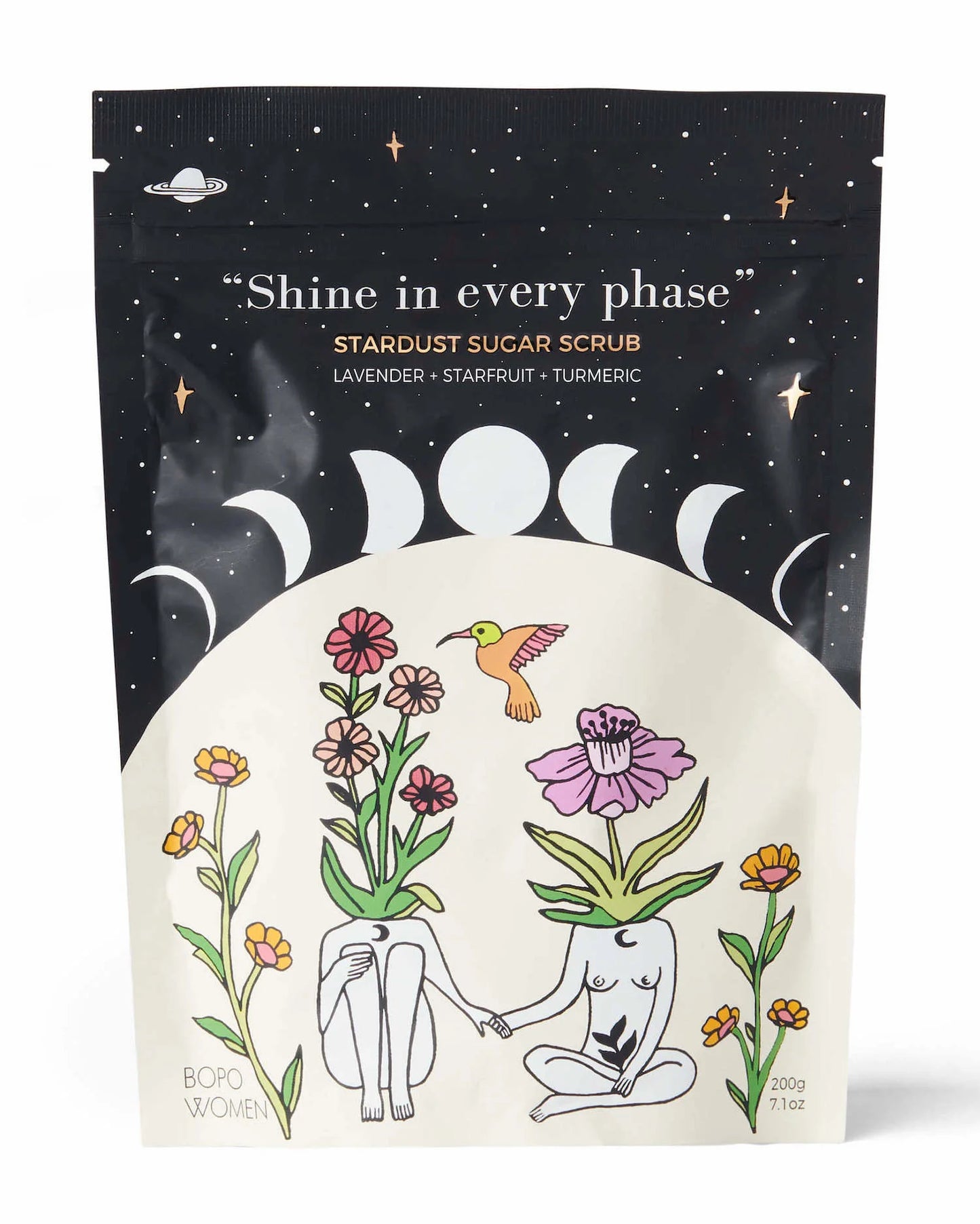 Behind The Trees - Stardust sugar scrub packaging with celestial design and illustrations of people and plants - Bopo Women - Stardust Sugar Scrub