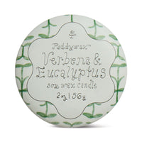 Behind The Trees - Paddywax Verbena & Eucalyptus candle packaging on a white background - Designworks - Tulip 2oz Printed Tin - Verbena & Lemongrass