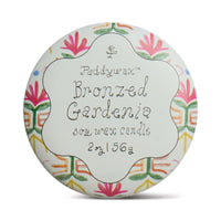 Behind The Trees - Paddywax Bronzed Gardenia candle packaging with colorful design - Designworks - Tulip 2oz Printed Tin - Bronzed Gardenia