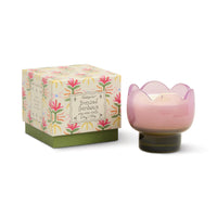 Behind The Trees - Pink candle in a decorative holder with a matching floral box on a white background - Designworks - Tulip 5.5oz Milky Glass - Bronzed Gardenia