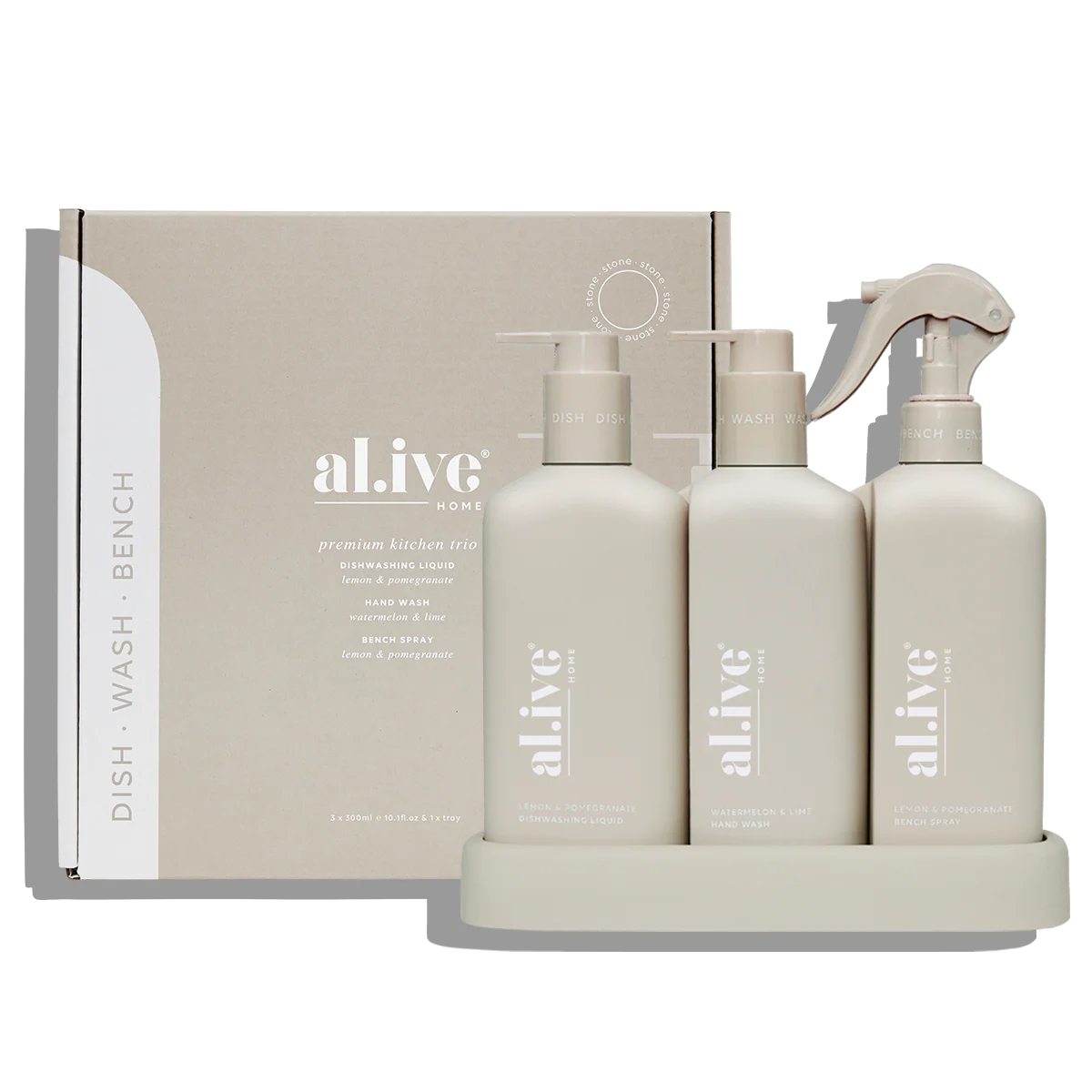 Behind The Trees - Three 'alive' brand bottles with a box on a white background - al.ive - Premium Kitchen Trio - Lemon & Pomegranate + Watermelon & Lime
