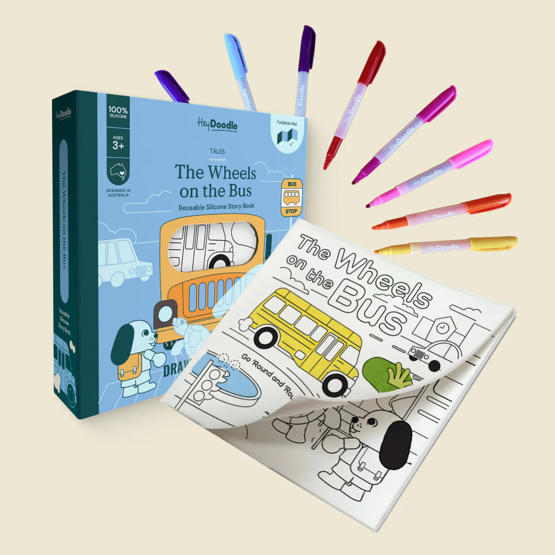 Behind The Trees - Coloring book and markers set with 'The Wheels on the Bus' theme on a beige background - Hey Doodle - Reusable Colouring Book - Wheels On The Bus Tales
