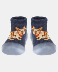 Toshi-   Organic Hybrid Walking Socks Storytime  Frenchie (Navy) | Organic cotton Rubber sole grip