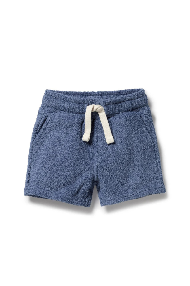 Behind The Trees - Blue shorts with a white drawstring on a white background - Wilson + Frenchy - Organic Terry Short - Deep Blue