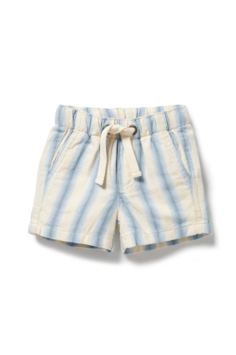 Behind The Trees - Striped shorts with a tie waist on a white background - Wilson + Frenchy - Stripe Organic Short - Deep Blue