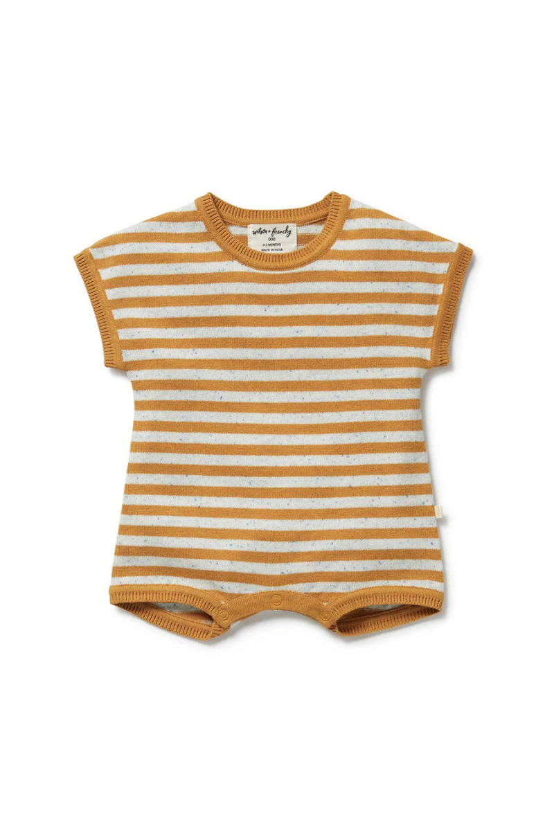 Behind The Trees - Striped baby romper with short sleeves on a white background - Wilson + Frenchy - Golden Wave - Stripe Organic Knitted Growsuit