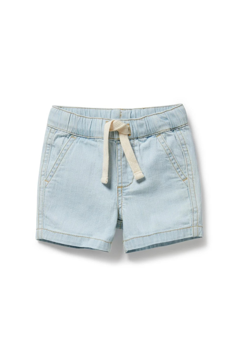 Behind The Trees - Light blue denim shorts with a drawstring on a white background - Wilson + Frenchy - Organic Denim - Long Short