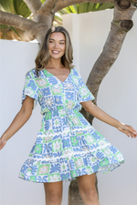 Miracle - Dress - Maui Square Button Tier Dress - Blue/Green