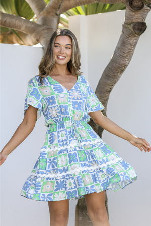 Behind The Trees - Miracle - Dress - Maui Square Button Tier Dress - Blue/Green - summer dress with ric rac detailing - above the knee length dress under $90