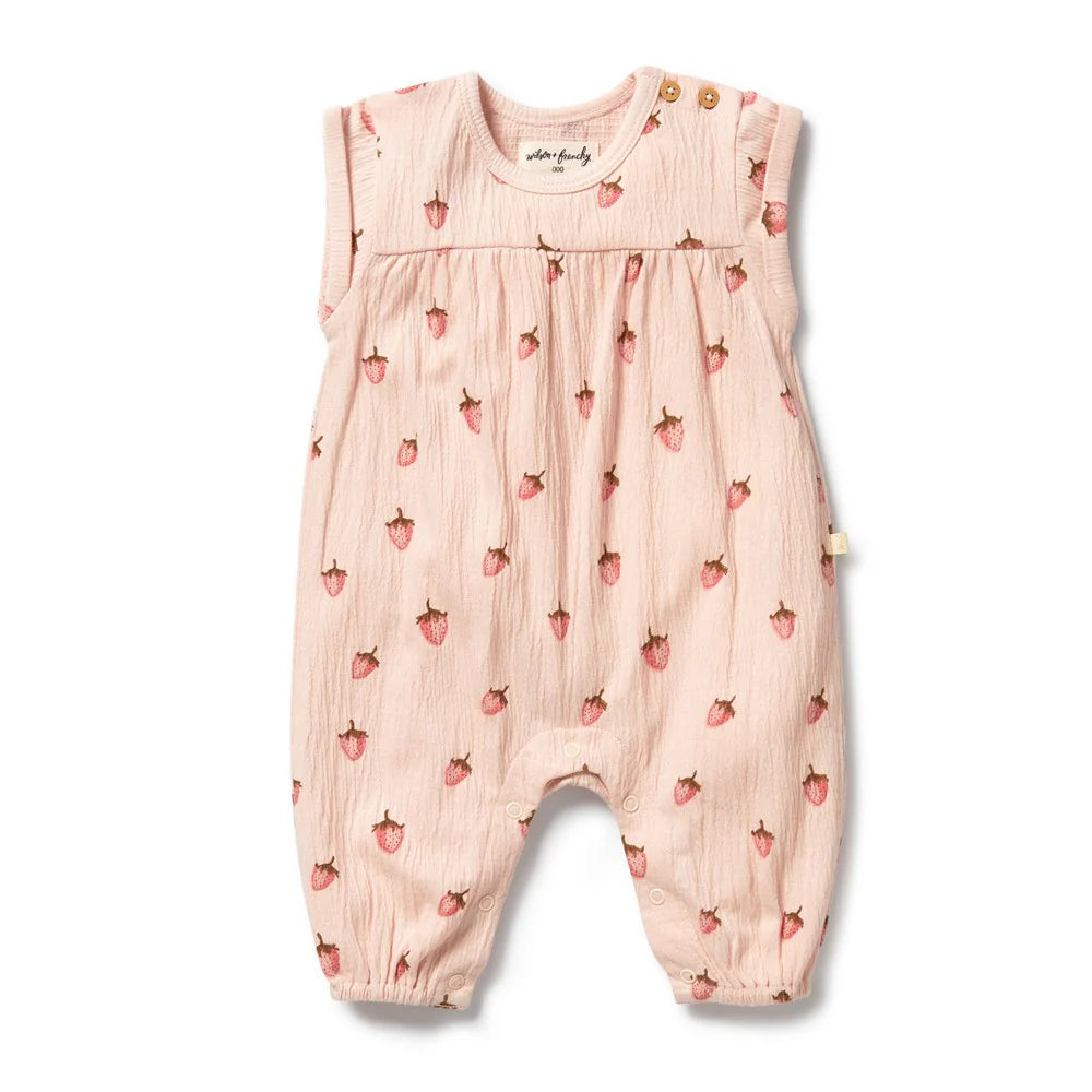 Behind The Trees - Pink baby romper with strawberry pattern on a white background - Wilson + Frenchy -  Organic Growsuit - Strawberry Kisses