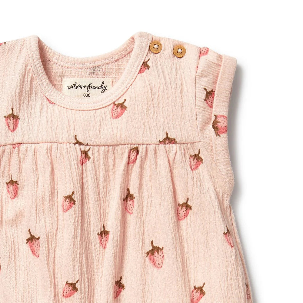 Behind The Trees - Pink baby romper with strawberry pattern on a white background - Wilson + Frenchy -  Organic Growsuit - Strawberry Kisses