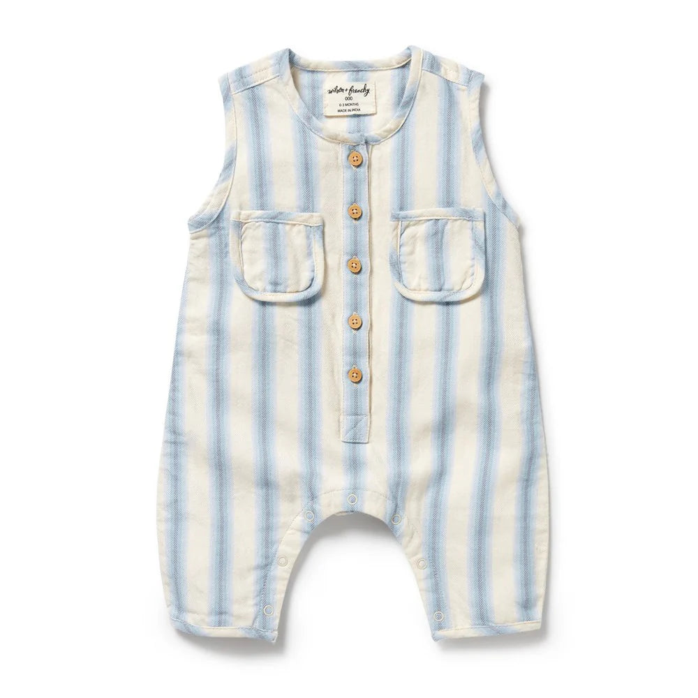 Behind The Trees - Striped baby romper with button details on a white background - Wilson + Frenchy - Stripe Organic Growsuit - Deep Blue