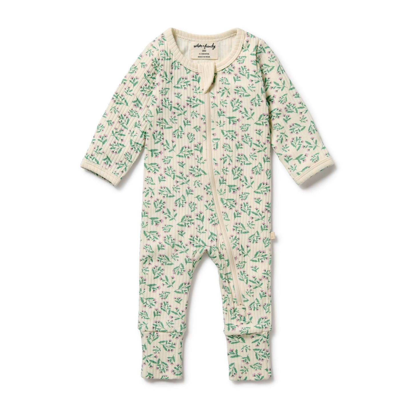Behind The Trees - Baby onesie with green floral pattern on a white background - Wilson + Frenchy - Organic Zipsuit With Feet - Periwinkle